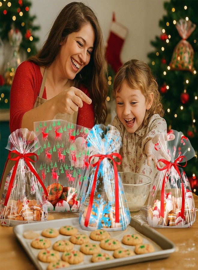 مينبلان أكياس بسكويت شفافة من مينبلان، ٥٠ قطعة، مزينة بشريط أحمر، بنقوش بابا نويل، غزال، رجل ثلج، وندفات ثلج، مثالية لتوزيعات حفلات عيد الميلاد. - Image 4